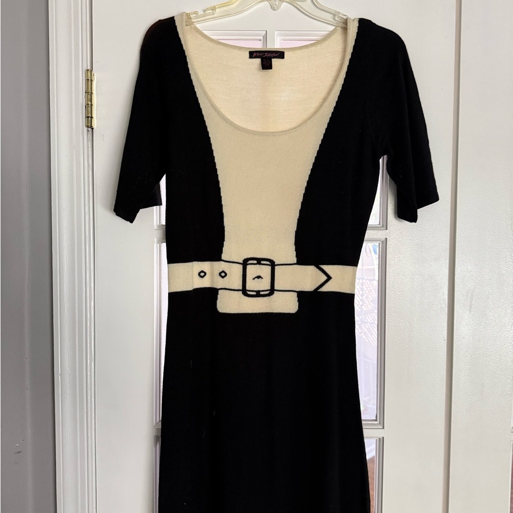 Betsey Johnson Black and Cream Faux-Belt Mini Dress